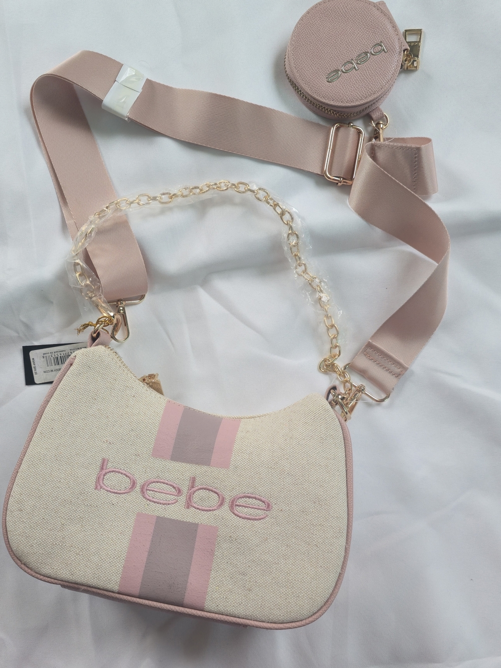 bebe Pink and Beige Canvas Crossbody Bag with Gold Chain